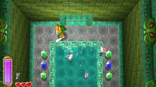 Link at the edge of the fairy pool with fairies and Blue and Green Rupees around it Link at the edge of the fairy pool with fairies and Blue and Green Rupees around it