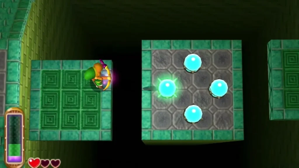 Link on the moving platform shooting at the four crystal switches in the middle of the room Link on the moving platform shooting at the four crystal switches in the middle of the room