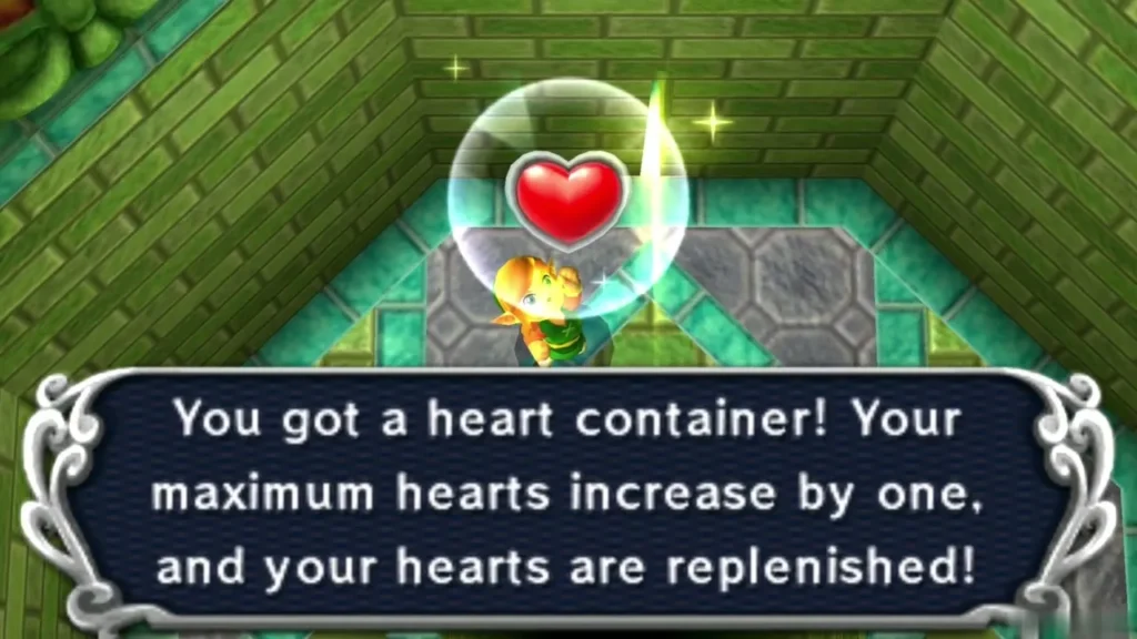 Link holding up a Heart Container under the message that his maximum hearts rise by one Link holding up a Heart Container under the message that his maximum hearts rise by one