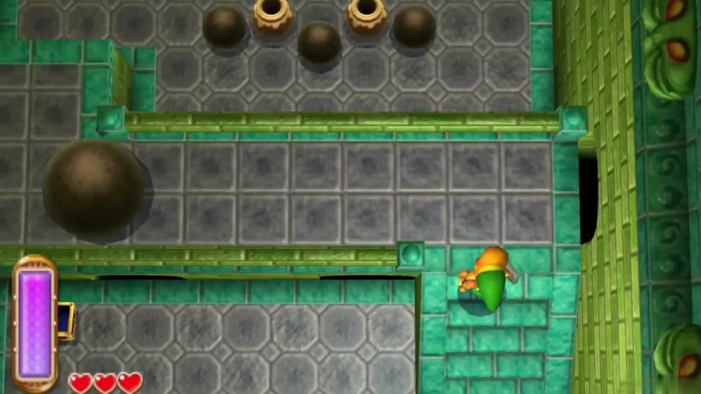 Link at the side of a hallway as a large rolling ball bears down on him Link at the side of a hallway as a large rolling ball bears down on him