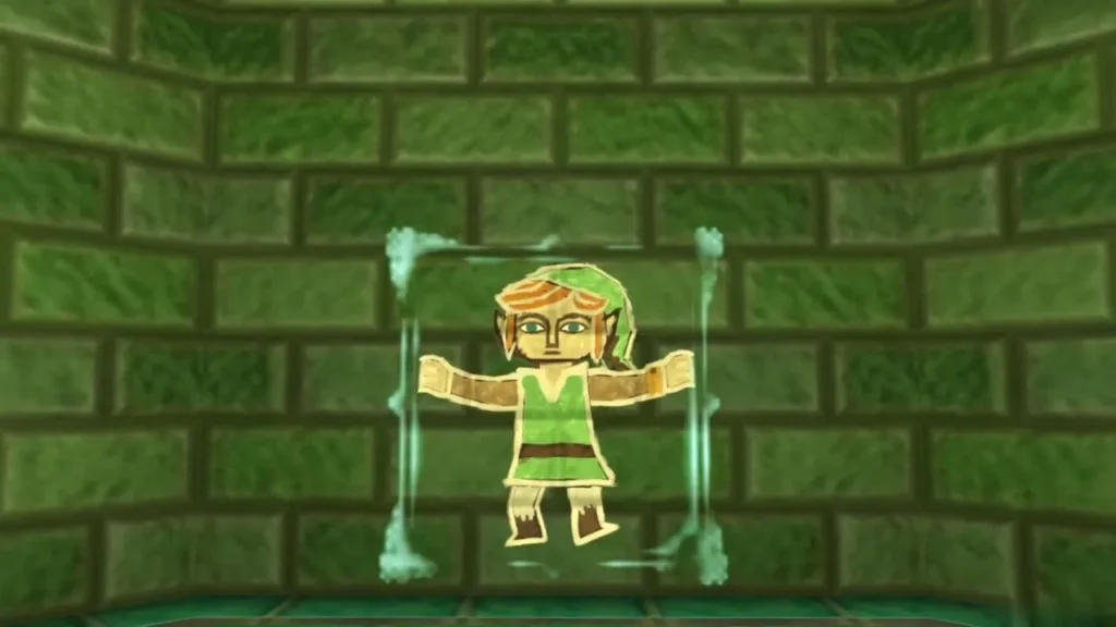 Link as a flat painting stuck on a green brick wall in a corridor Link as a flat painting stuck on a green brick wall in a corridor