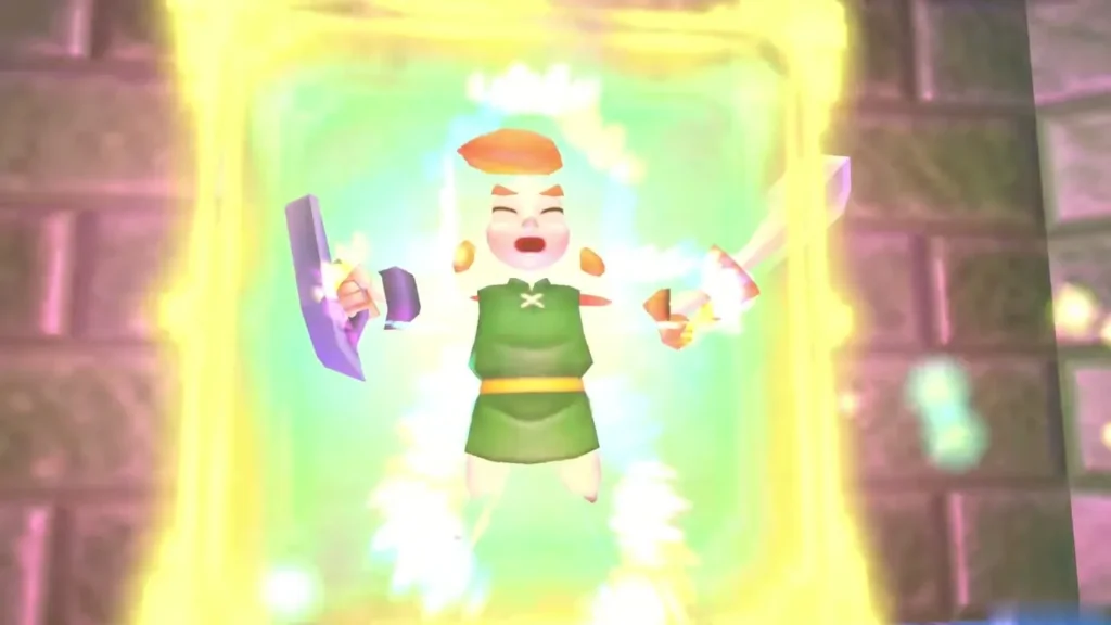 Link caught in a yellow flash of magic that turns him into a flat painting Link caught in a yellow flash of magic that turns him into a flat painting