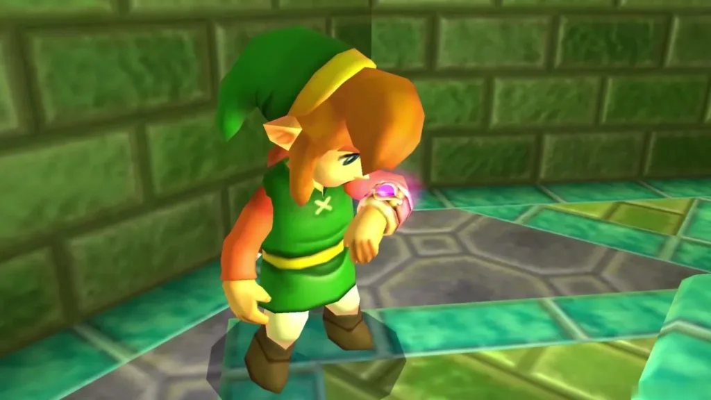 Link standing on a tiled floor looking down at the pink bracelet Ravio gave him on his wrist Link standing on a tiled floor looking down at the pink bracelet Ravio gave him on his wrist