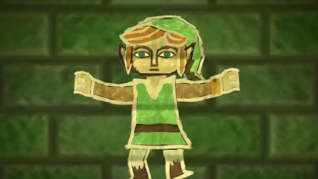 Close view of Link as a flat painting on a green brick wall, arms out and legs apart Close view of Link as a flat painting on a green brick wall, arms out and legs apart