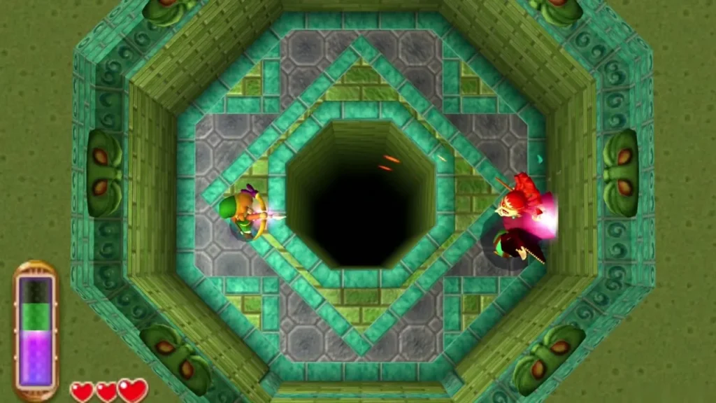 Link drawing the Bow in the octagonal arena while Yuga hovers on the far side of the pit Link drawing the Bow in the octagonal arena while Yuga hovers on the far side of the pit