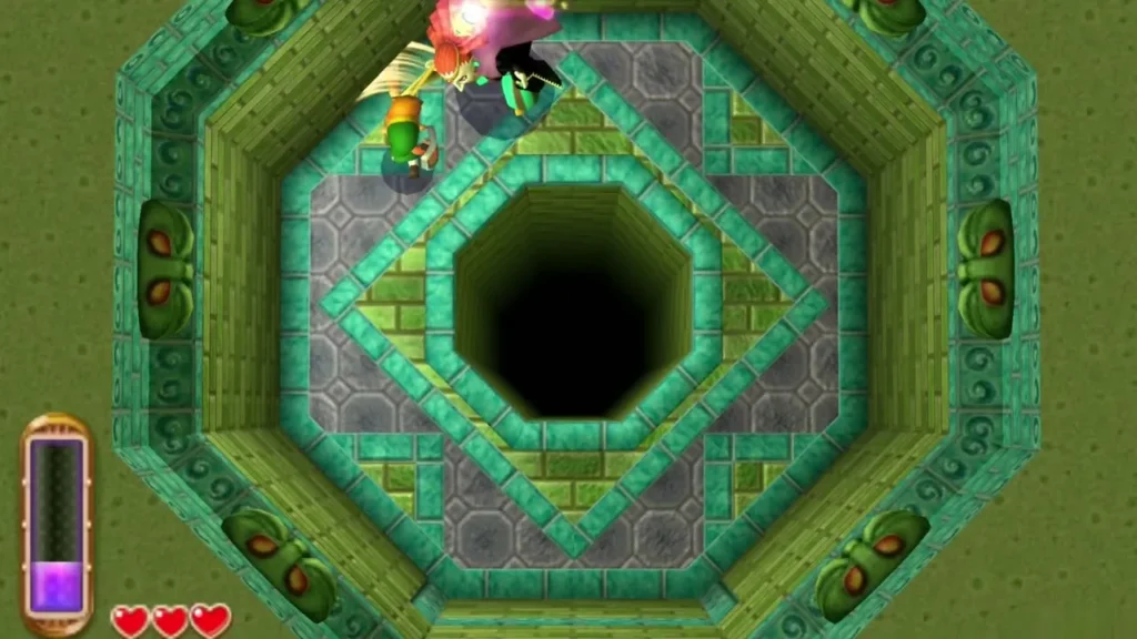 Link swinging his sword at Yuga in the octagonal arena beside the bottomless pit Link swinging his sword at Yuga in the octagonal arena beside the bottomless pit