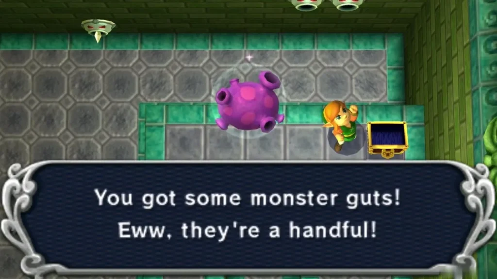 Link's Monster Guts pickup message over the purple blob, with the chest beside him Link's Monster Guts pickup message over the purple blob, with the chest beside him