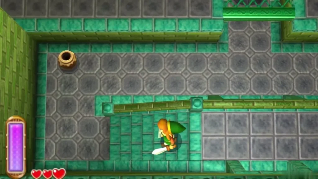 Link on the stone floor beside a narrow green bridge across a gap in the palace Link on the stone floor beside a narrow green bridge across a gap in the palace