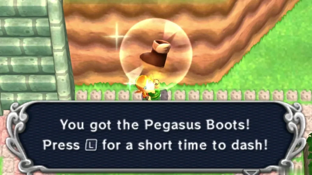 Link receives the Pegasus Boots in a glowing burst, with the box explaining that pressing L gives a short dash Link receives the Pegasus Boots in a glowing burst, with the box explaining that pressing L gives a short dash