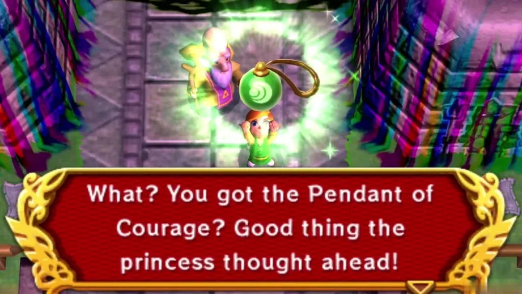 Link receiving the Pendant of Courage in a green glow, with the message confirming he has it Link receiving the Pendant of Courage in a green glow, with the message confirming he has it