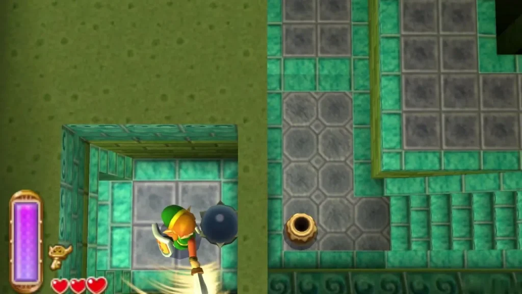 Link on a platform aiming his Bow at a dark crystal switch near the boss door room Link on a platform aiming his Bow at a dark crystal switch near the boss door room