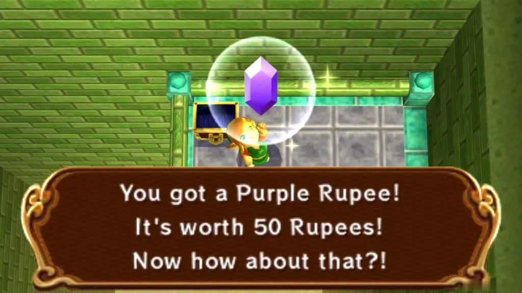Link holding up a Purple Rupee with the message that it is worth 50 Rupees Link holding up a Purple Rupee with the message that it is worth 50 Rupees