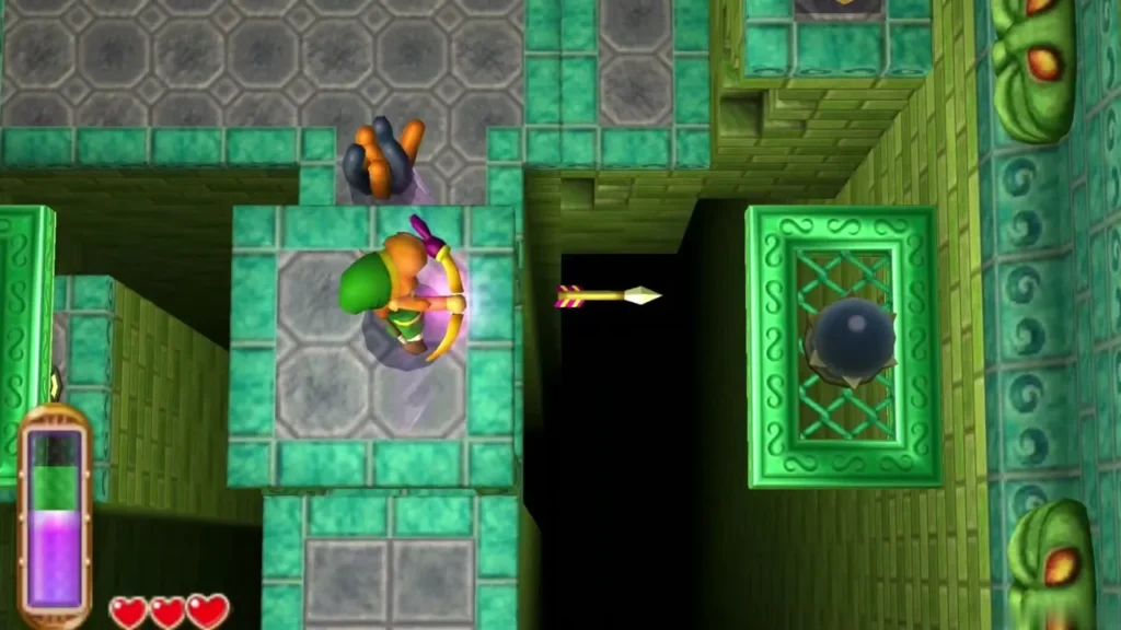 Link on the rising platform, shooting an arrow at a crystal switch Link on the rising platform, shooting an arrow at a crystal switch