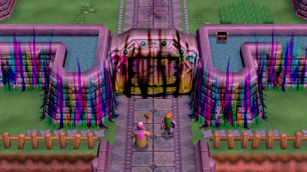 Link and Sahasrahla standing before the purple barrier over Hyrule Castle Link and Sahasrahla standing before the purple barrier over Hyrule Castle