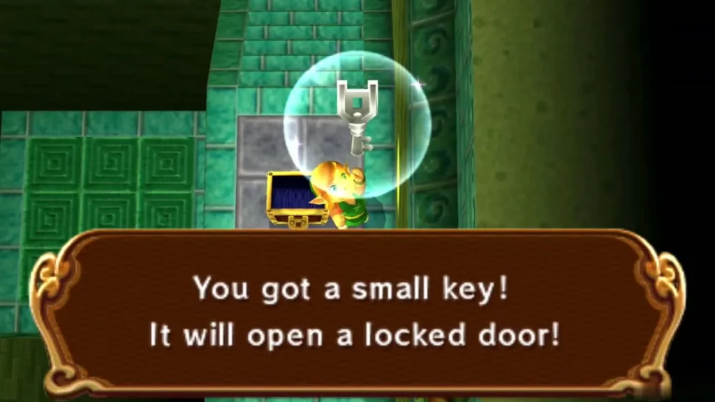 Link holding up a small key in the chest room, with the message that it opens a locked door Link holding up a small key in the chest room, with the message that it opens a locked door