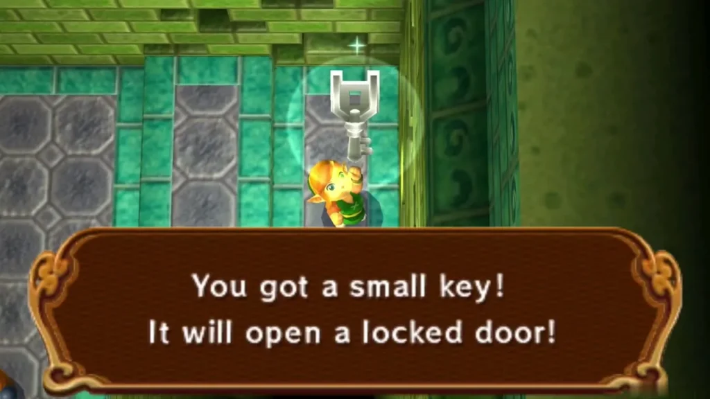 Link holds up a Small Key with the message that it opens a locked door Link holds up a Small Key with the message that it opens a locked door