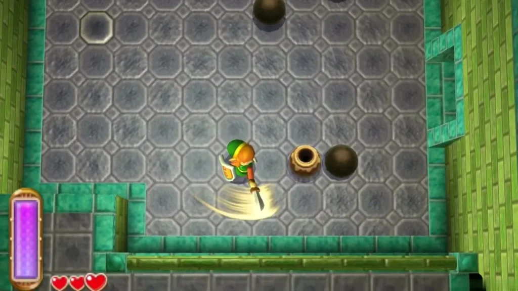 Link slashing with his sword amid small rolling balls in the palace hallway Link slashing with his sword amid small rolling balls in the palace hallway