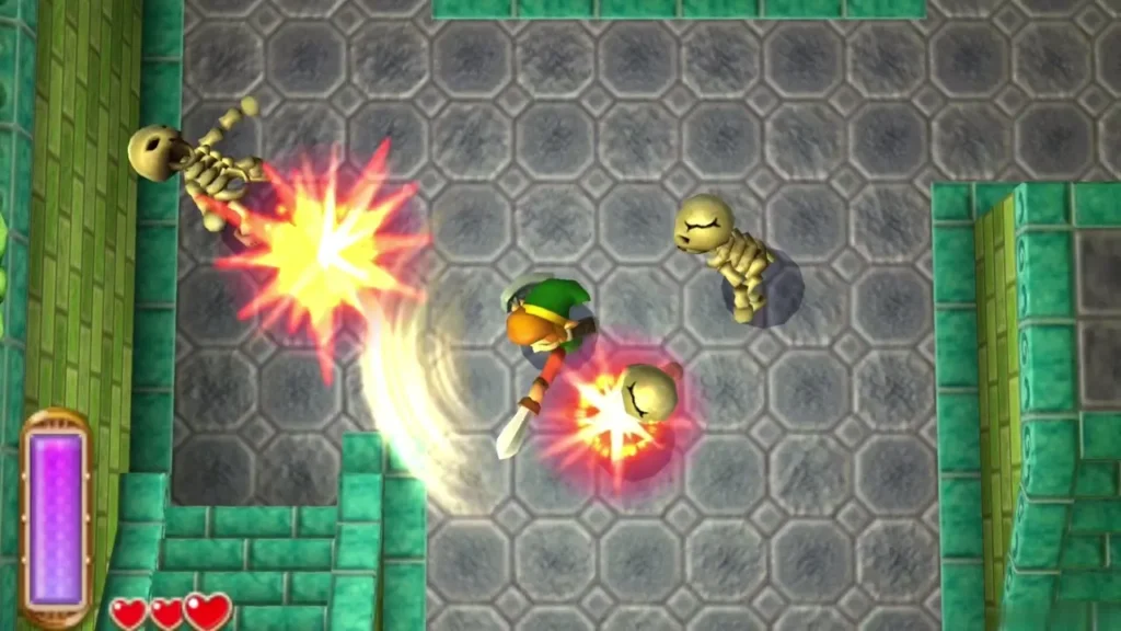 Link fighting three Stalfos in the dungeon room beside the boss door Link fighting three Stalfos in the dungeon room beside the boss door