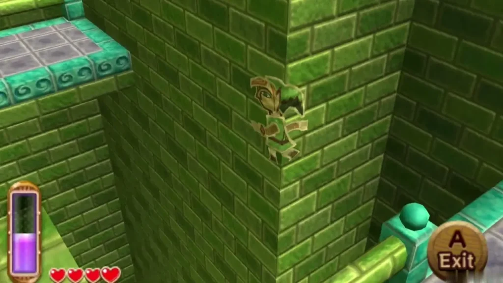 Link merged into a corner of the green brick palace wall beside a stone ledge Link merged into a corner of the green brick palace wall beside a stone ledge