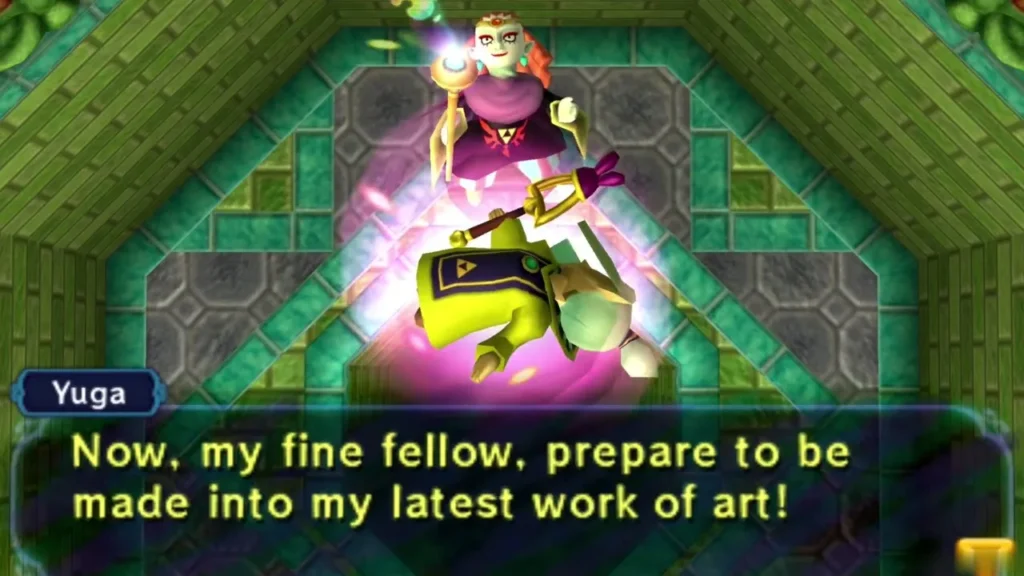 Yuga casting his painting spell on Link in the top-floor arena of the Eastern Palace Yuga casting his painting spell on Link in the top-floor arena of the Eastern Palace