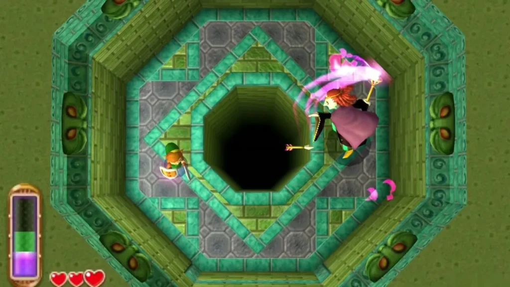 Yuga casting a pink spell across the arena while Link's arrow flies toward him Yuga casting a pink spell across the arena while Link's arrow flies toward him