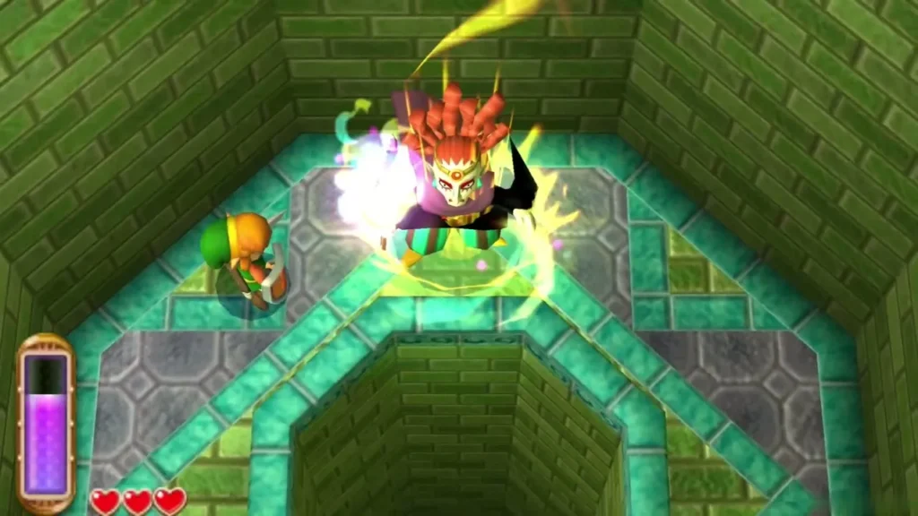 Yuga up close beside the arena wall, with Link standing nearby and magic crackling around them Yuga up close beside the arena wall, with Link standing nearby and magic crackling around them