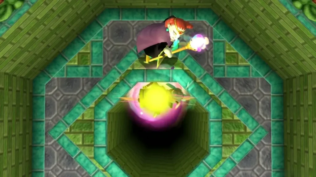 Yuga in the 3F arena firing a glowing yellow energy ball over the bottomless pit Yuga in the 3F arena firing a glowing yellow energy ball over the bottomless pit
