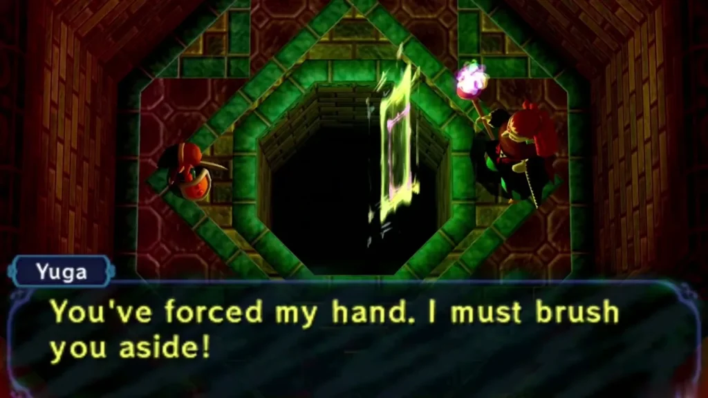 Yuga in the arena saying he must brush Link aside, a glowing beam of magic rising between them Yuga in the arena saying he must brush Link aside, a glowing beam of magic rising between them