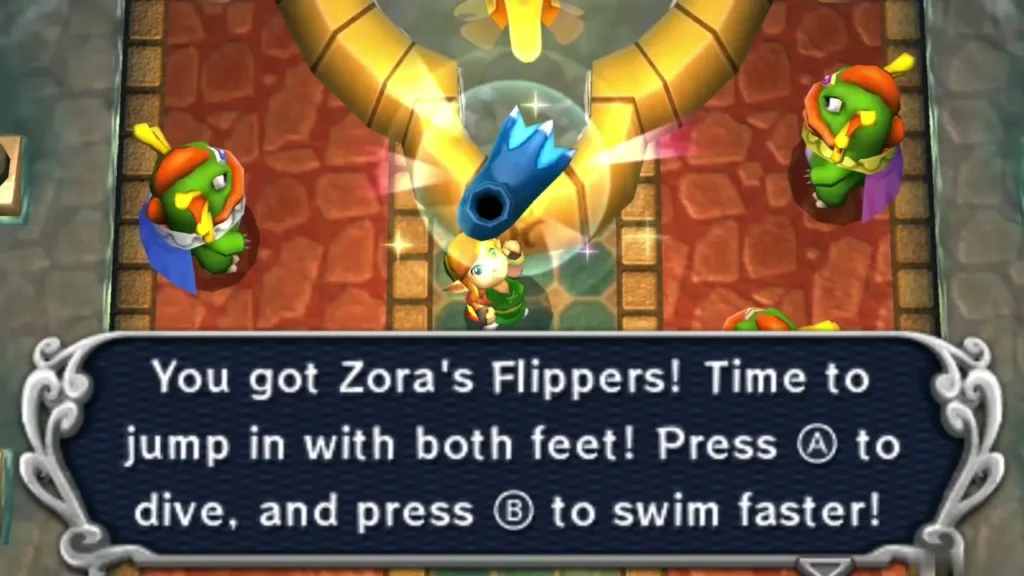 Link holds up Zora's Flippers under a golden arch in Oren's throne room, with the box explaining the dive and swim buttons Link holds up Zora's Flippers under a golden arch in Oren's throne room, with the box explaining the dive and swim buttons