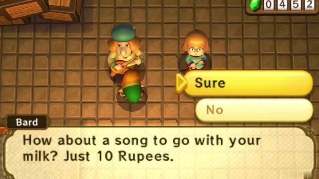 Bard in the Kakariko Milk Bar offers a song with milk for 10 Rupees Bard in the Kakariko Milk Bar offers a song with milk for 10 Rupees