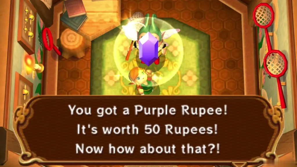 Link holds up the Purple Rupee the Bee Guy gave him, the box saying it is worth 50 Rupees Link holds up the Purple Rupee the Bee Guy gave him, the box saying it is worth 50 Rupees