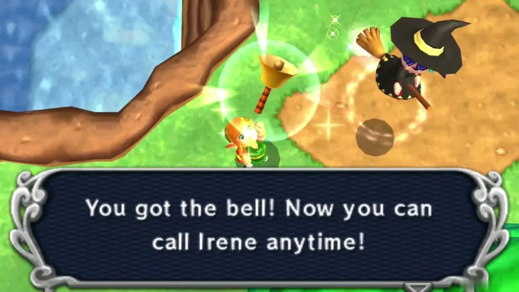 Link holding up the Bell beneath the message that says he can now call Irene anytime Link holding up the Bell beneath the message that says he can now call Irene anytime