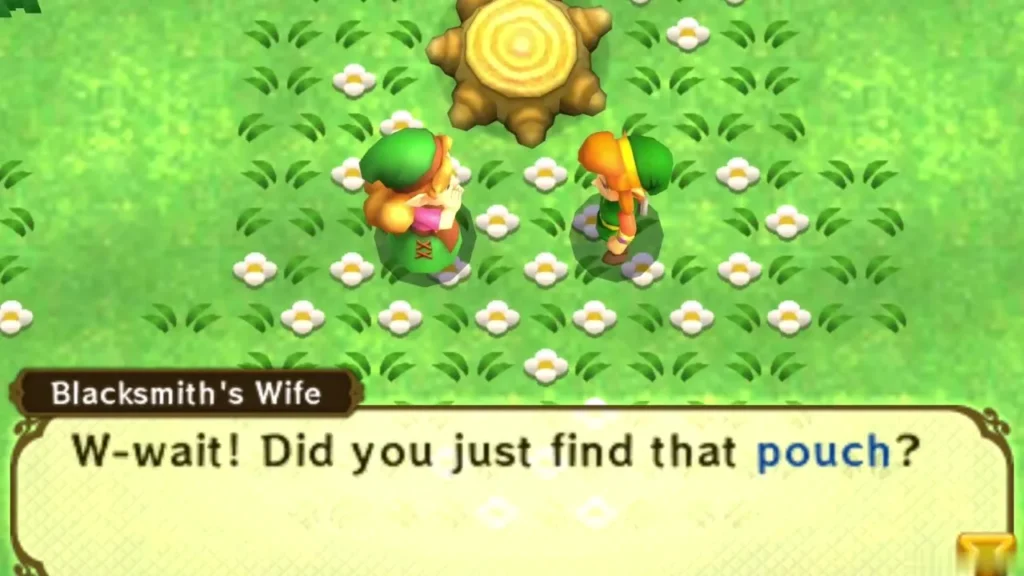 The Blacksmith's Wife asks about the pouch beside a tree stump in the flowery clearing The Blacksmith's Wife asks about the pouch beside a tree stump in the flowery clearing
