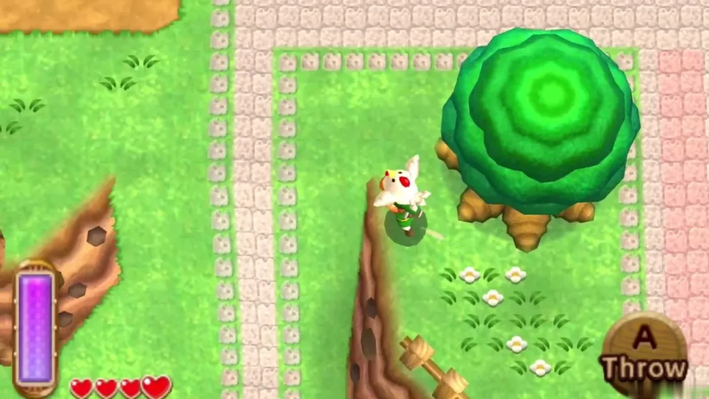 Link carrying a Cucco to the ledge beside the well in Kakariko Link carrying a Cucco to the ledge beside the well in Kakariko