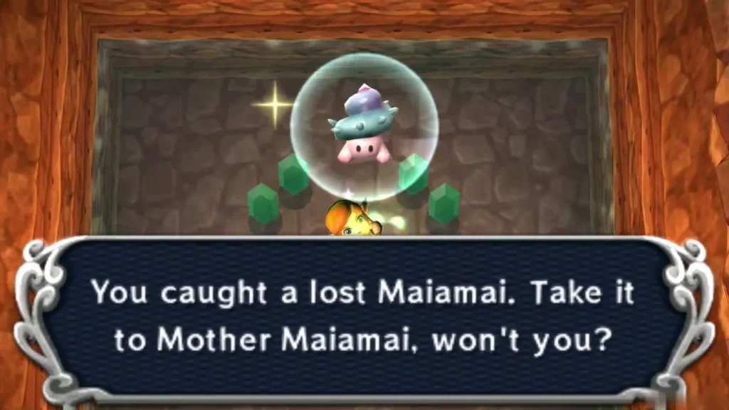 Link in the cave pool room holding up a Maiamai in a bubble beside the catch message Link in the cave pool room holding up a Maiamai in a bubble beside the catch message