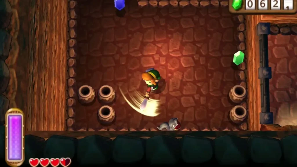 Link slashing an enemy in the cave under the well Link slashing an enemy in the cave under the well