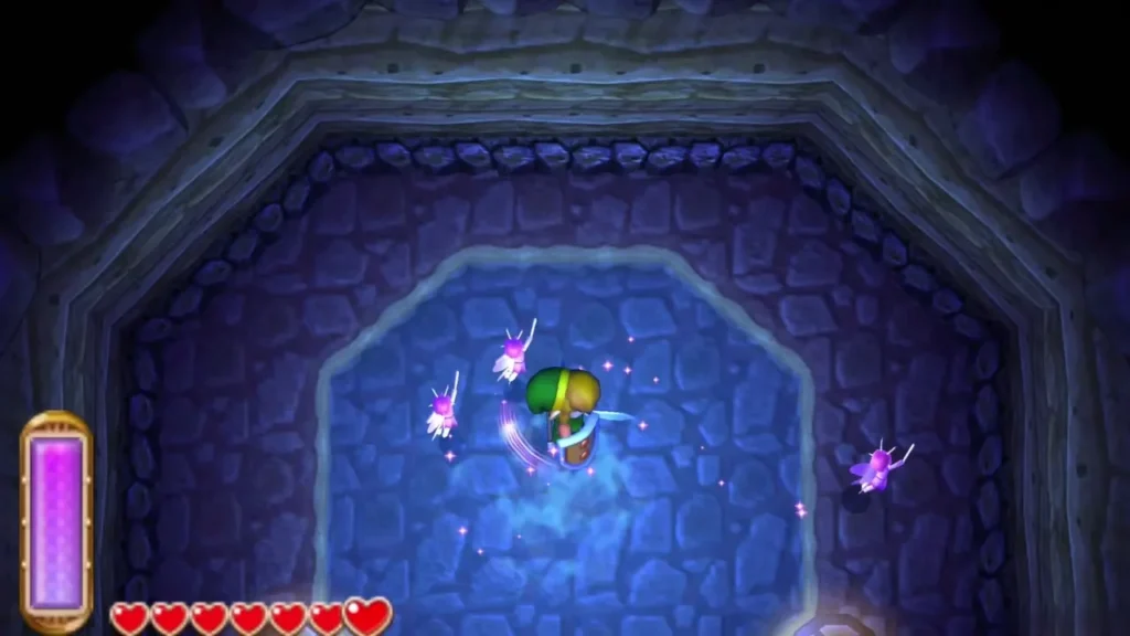 Link standing in the Fairy Fountain with fairies circling him Link standing in the Fairy Fountain with fairies circling him