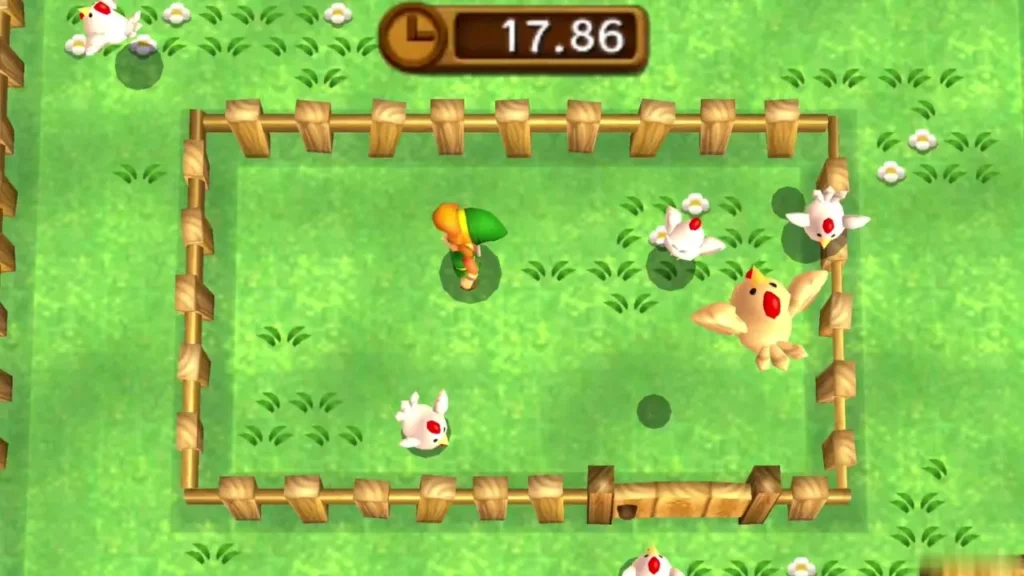 Link herding Cuccos inside the pen during the first Cucco Ranch round Link herding Cuccos inside the pen during the first Cucco Ranch round