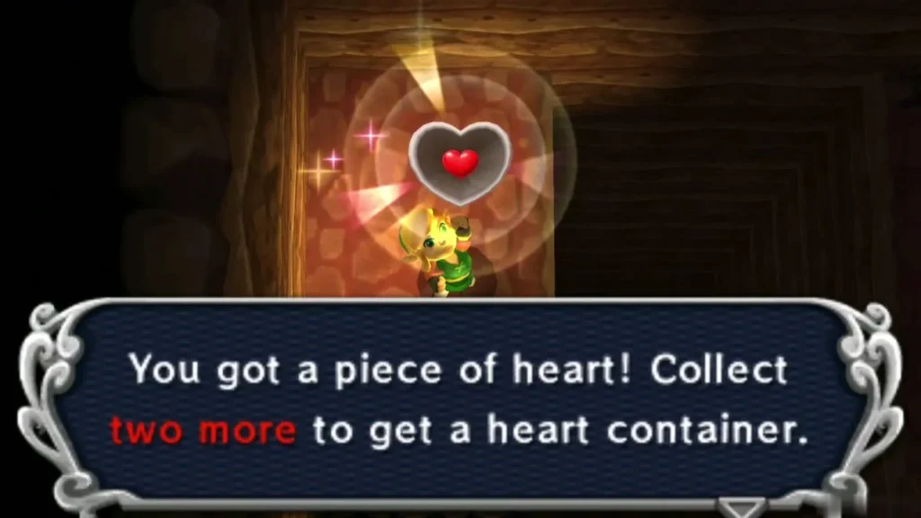 Link holding up a Heart Piece in the cave, with the full item box Link holding up a Heart Piece in the cave, with the full item box