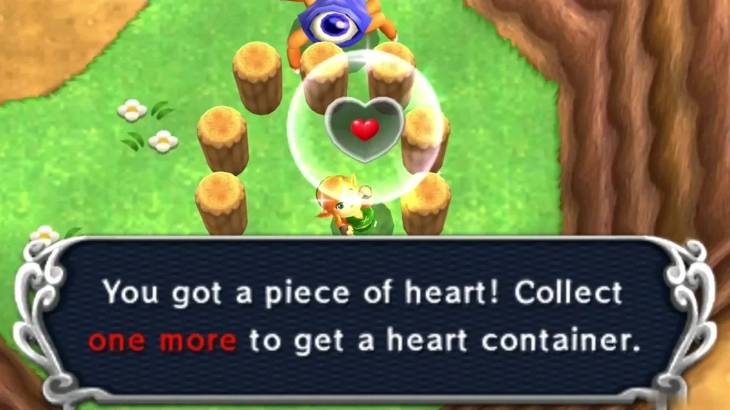 Link holding up a Heart Piece inside the ring of stakes in the field Link holding up a Heart Piece inside the ring of stakes in the field