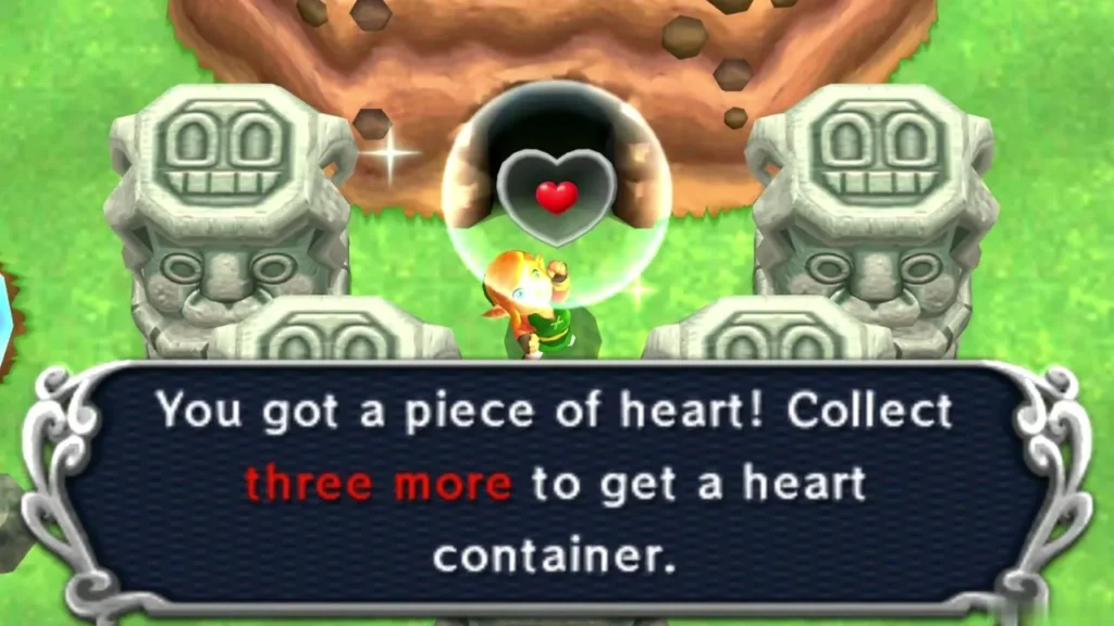 Link holding up a Heart Piece beside the stone heads, with the full item box Link holding up a Heart Piece beside the stone heads, with the full item box