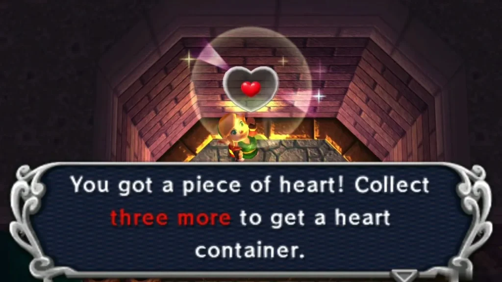 Link holding up a Piece of Heart in the passage room, under the message to collect three more Link holding up a Piece of Heart in the passage room, under the message to collect three more