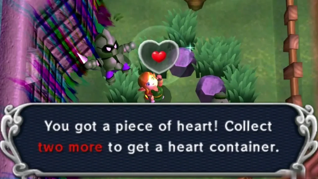 Link holds up a Piece of Heart beside purple rocks, the box saying two more earn a heart container Link holds up a Piece of Heart beside purple rocks, the box saying two more earn a heart container