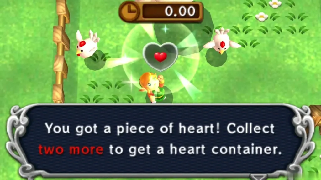 Link holding up a Heart Piece after finishing the Rooster level Link holding up a Heart Piece after finishing the Rooster level