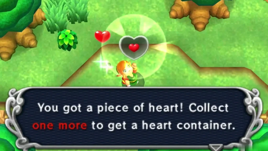 A Heart Piece floats above Link on a ledge, and the box says one more piece earns a heart container A Heart Piece floats above Link on a ledge, and the box says one more piece earns a heart container
