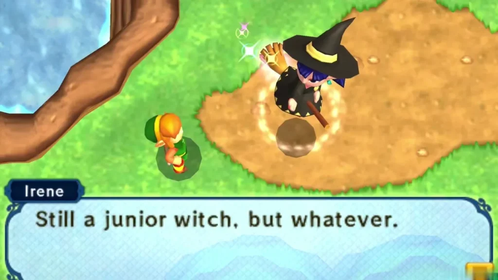 Irene the junior witch hovering over the lakeside path beside Link, with her message fully shown Irene the junior witch hovering over the lakeside path beside Link, with her message fully shown
