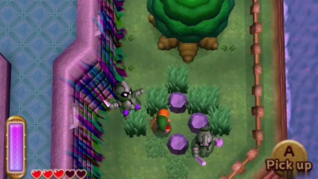 Link lining up a purple rock with the Pick Up prompt on screen Link lining up a purple rock with the Pick Up prompt on screen