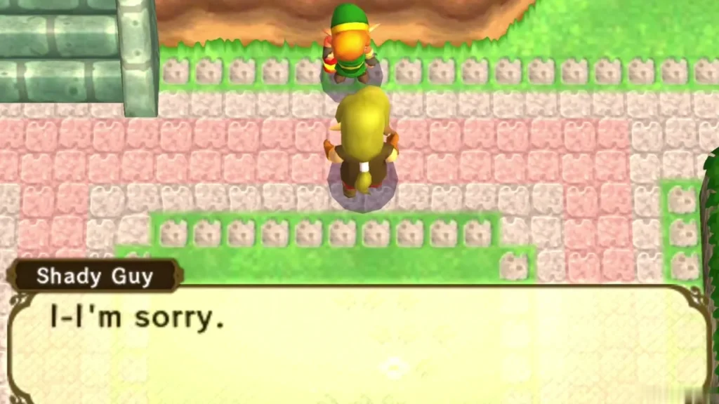 Link behind the Shady Guy as he apologizes in Kakariko Village Link behind the Shady Guy as he apologizes in Kakariko Village