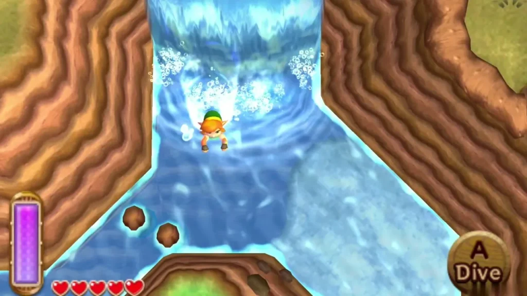 Link diving into the waterfall on the river, the entrance to the cave behind it Link diving into the waterfall on the river, the entrance to the cave behind it