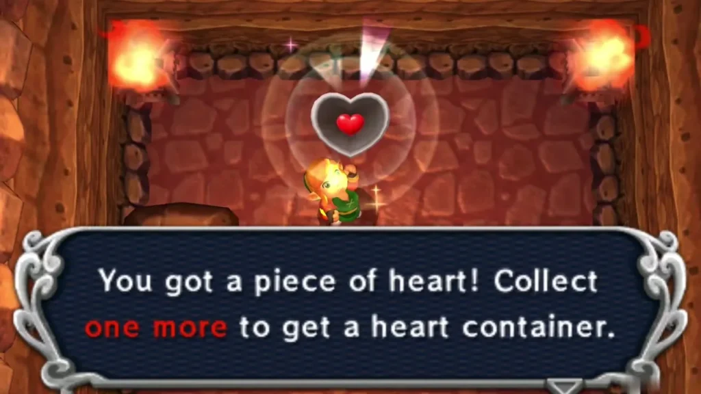 Link holds up a Heart Piece with the 'You got a piece of heart' message box Link holds up a Heart Piece with the 'You got a piece of heart' message box